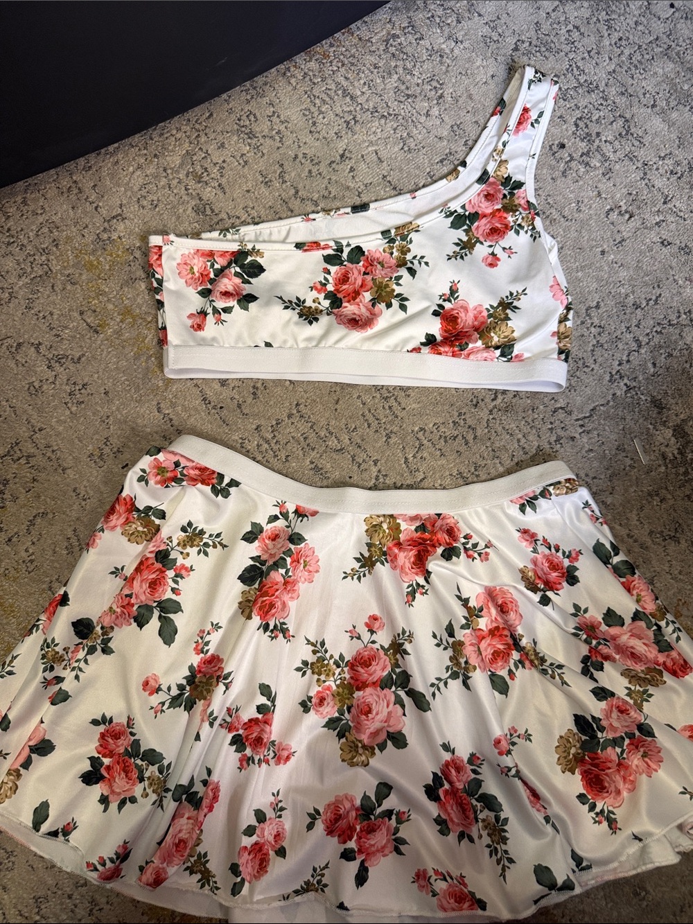White Floral One-Shoulder Top & Skirt Set